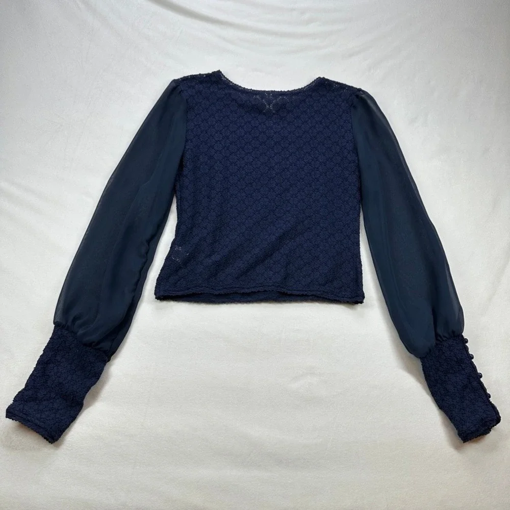 Free‎ People Navy Blue Textured Top Sheer Balloon Long Sleeve Blouse XS